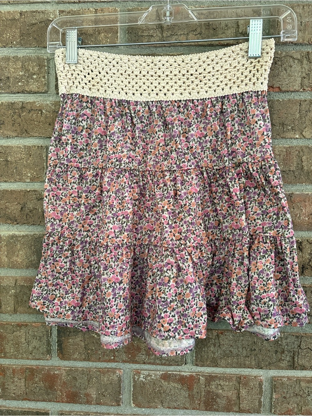 Floral Crochet-Waist Tiered Skater Skirt in Pink